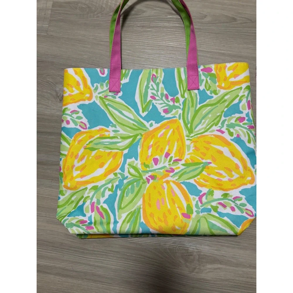 Lilly Pulitzer Estee‎ Lauder Canvas Tote Bag Lemon Print Blue Yellow Pink Floral